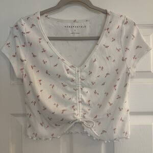 Aeropostale Y2K Cropped Top Sz LG White FloraL Scrunch Front Bow Cottagecore EUC